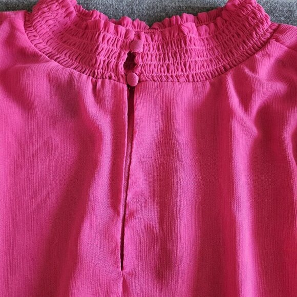 Torrid Top 3X Pink Babydoll Semi Sheer High Smocked NeckCuffs Long Sleeve Ruffle - Picture 12 of 16